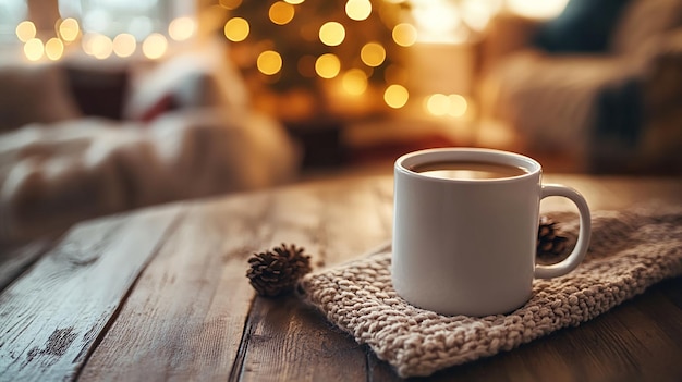 Cozy Cup of Hot Drink with Warm Lights