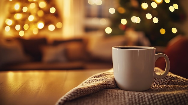 Cozy Cup of Hot Drink with Warm Lights