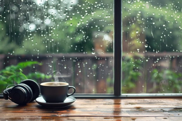 Cozy Cup of Tea with Headphones on a Rainy Day Relaxation and Comfort Moment Photography Copyspace