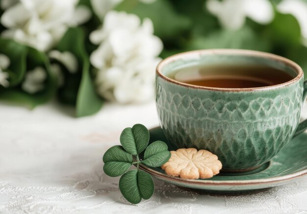 Photo cozy cup of tea with shamrock and cookies