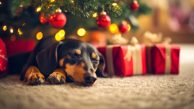 A cozy dachshund relaxing under the Christmas tree surrounded by festive decorations