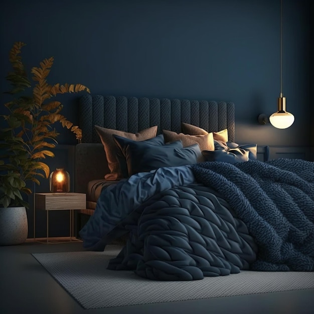 Cozy Dark Blue Bedroom Interior Background with Home Mock up Generative AI