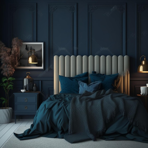 Cozy Dark Blue Bedroom Interior Background with Home Mock up Generative AI