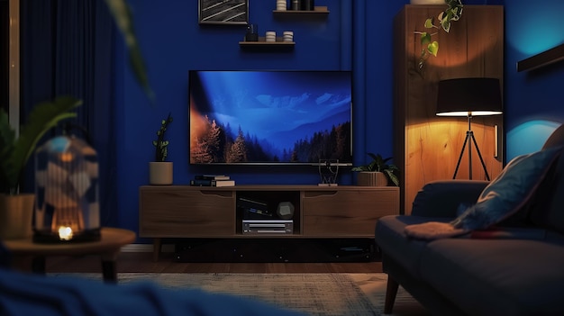 Cozy Dark Blue Wall in the Night with TV and Wooden Cabin Ambiance