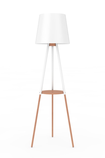 Cozy Decorative Tripod Loft, Living Room, Bedroom, and Office Floor Lamp with White Silk Shade and Wood Legs on a white background. 3d Rendering