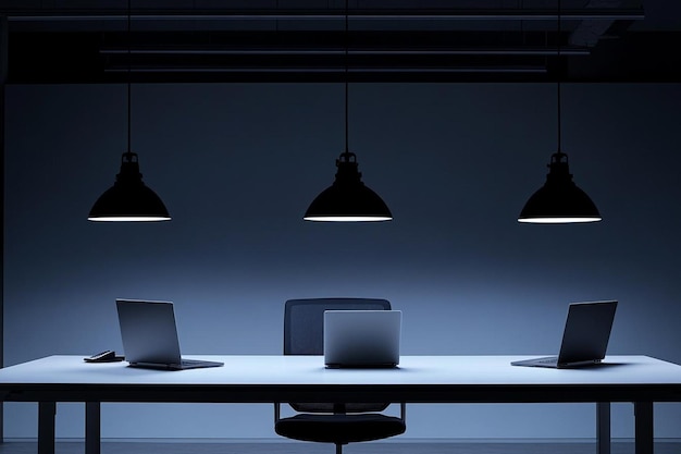 Photo cozy dimly lit business desk with sleek computer design photo