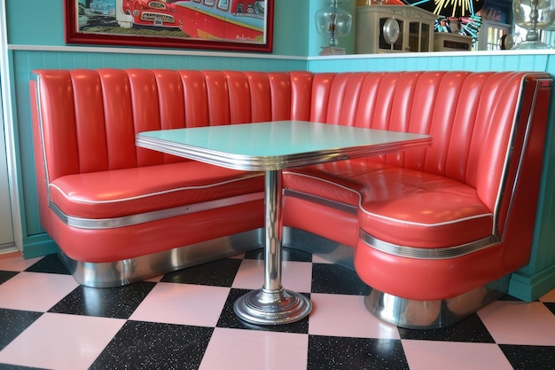 Photo cozy diner booth with retro red vinyl seating and a shiny table in a vintage eatery