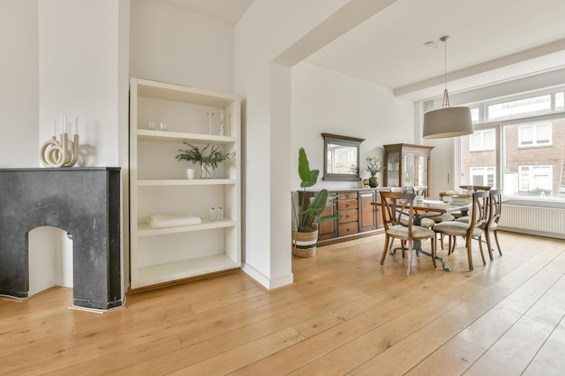 Cozy dining area with wooden furniture