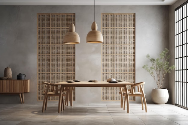 Cozy dining room with a rustic wooden table and comfortable chairs Generative AI