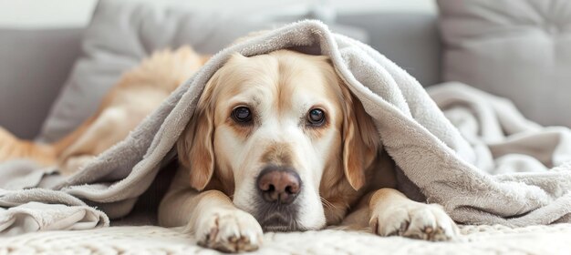 Cozy dog leisurely resting on a plush blanket in a generously sized bed creating a serene scene