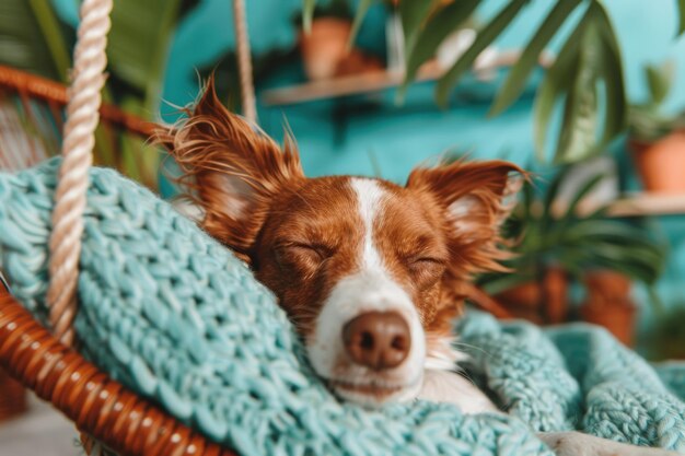 Photo cozy dog relaxing in a swing at a pet spa during wellness session