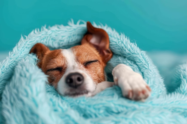 Cozy dog wrapped in a blanket at a petfriendly accommodation