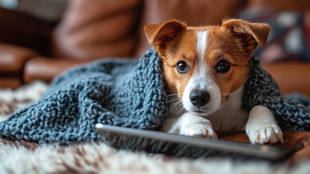 A cozy dog wrapped in a blanket resting beside a tablet