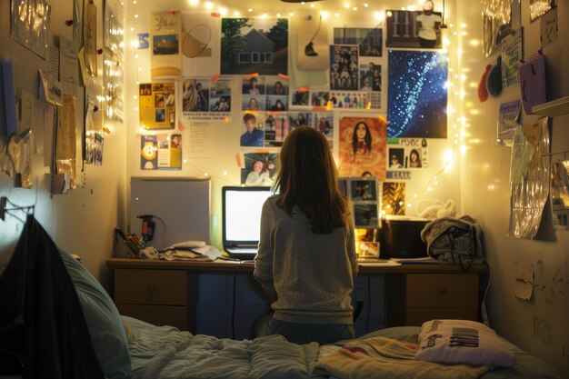 Photo cozy dorm room with personalized decor and string lights for a warm inviting atmosphere