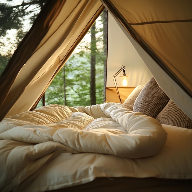 Cozy downfilled sleeping bag in a luxurious glamping tent