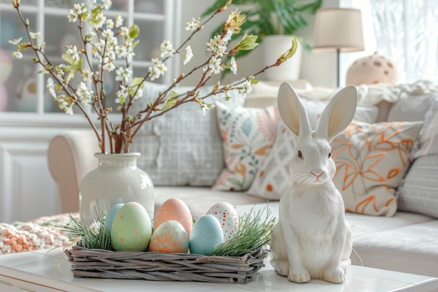 Photo cozy easter living room interior with table easter eggs easter bunny spring flowers still life