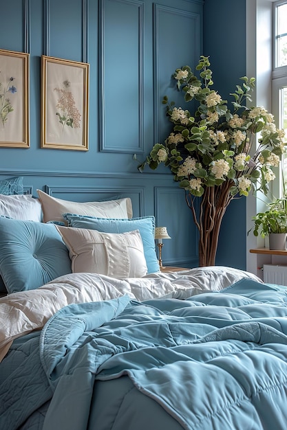 Photo a cozy and elegant bedroom with a light blue color palette featuring plush bedding botanical artwork and a large floral arrangement by the window