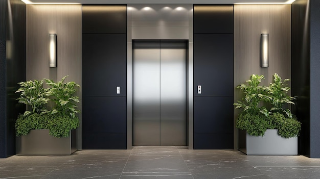 Photo a cozy elevator hall features a gray marble floor silver doors and planters creating an inviting atmosphere in a welllit modern office environment