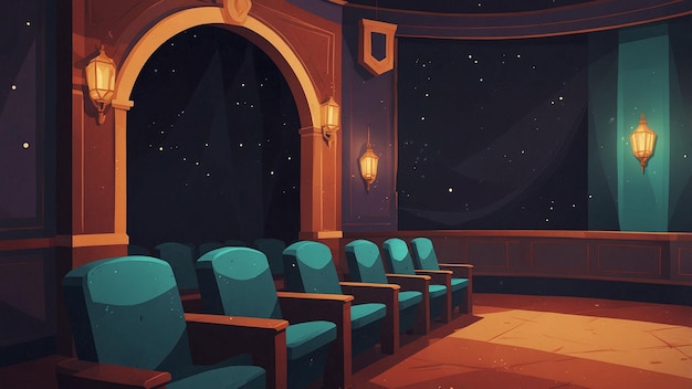 Cozy empty theater with teal seats and warm lighting under a starry night sky