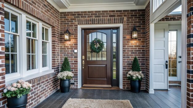 Photo a cozy entryway with brown and brick walls hardwood flooring decorations and a white front door