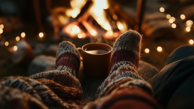 Cozy evening by the campfire in a forest setting with warm socks a steaming mug and twinkling lights in the background