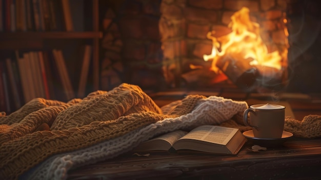 Cozy evening by fireplace reading with blanket and tea realistic scene for relaxation and comfort