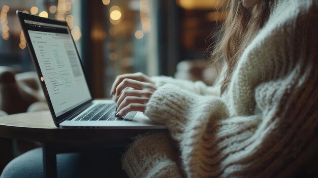 Photo a cozy evening in a cafe as a woman works intently on her laptop while dressed in a warm sweater during autumn