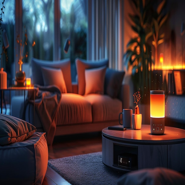 Cozy Evening Living Room with Warm Ambient Lighting and a Coffee Table Centerpiece