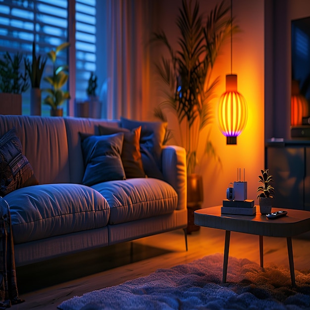 Cozy Evening Living Room with Warm Ambient Lighting and a Coffee Table Centerpiece