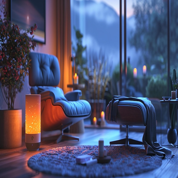 Cozy Evening Living Room with Warm Ambient Lighting and a Coffee Table Centerpiece