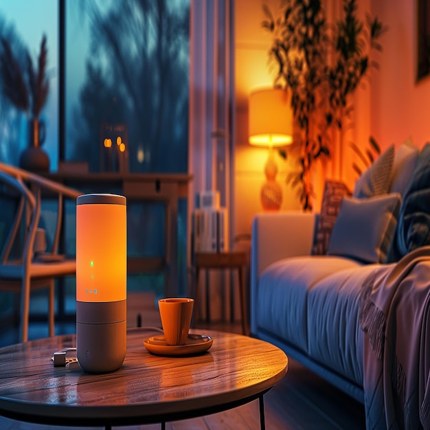 Cozy Evening Living Room with Warm Ambient Lighting and a Coffee Table Centerpiece