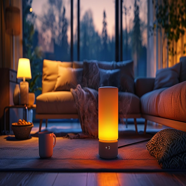 Cozy Evening Living Room with Warm Ambient Lighting and a Coffee Table Centerpiece