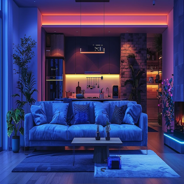 Cozy Evening Living Room with Warm Ambient Lighting and a Coffee Table Centerpiece