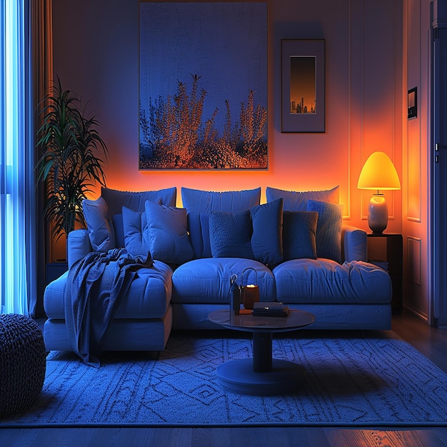 Cozy Evening Living Room with Warm Ambient Lighting and a Coffee Table Centerpiece