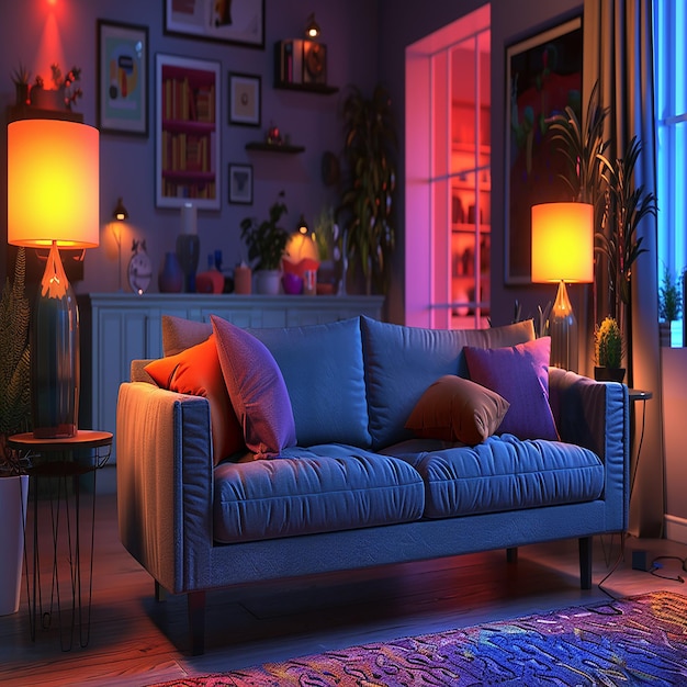 Cozy Evening Living Room with Warm Ambient Lighting and a Coffee Table Centerpiece