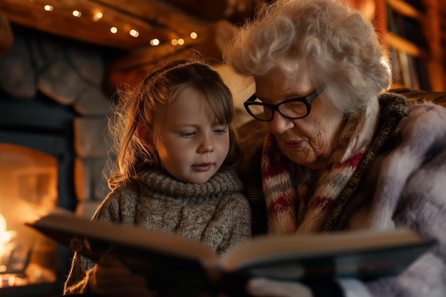 Photo cozy evening reading by the fireplace with grandmother and granddaughter