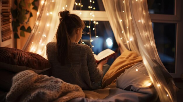 Photo cozy evening reading by window with string lights and warm blankets