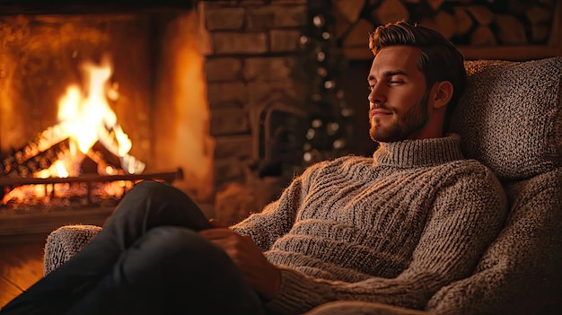 Photo a cozy evening scene featuring a man relaxing by a warm fire embodying comfort and serenity during winter nights