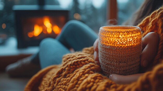 Photo cozy evening with candle and firelight in background