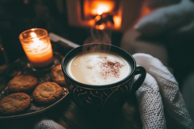 Photo cozy evening with candlelight warm drink sweater and cookies by the fireplace