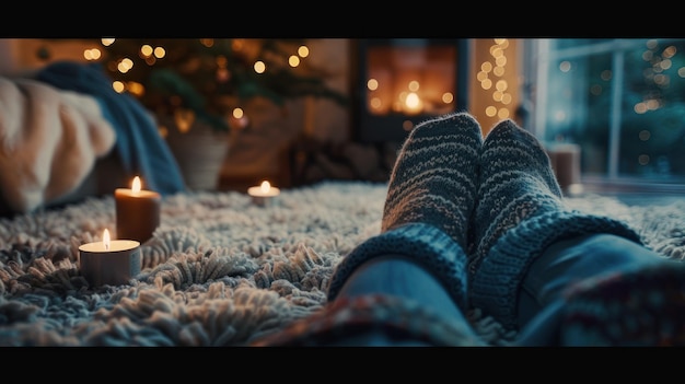 Cozy Evening with Warm Socks and Candles Person relaxing at home with feet in warm socks surrounded by candles and soft lighting evoking a cozy comfortable atmosphere