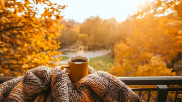 Photo a cozy fall morning with a cup of coffee