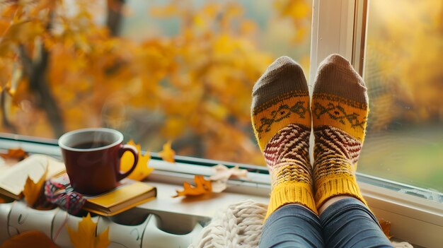 Photo cozy fall scene with legs in warm socks and a cup of coffee by the window warm autumn colors and peaceful atmosphere ai