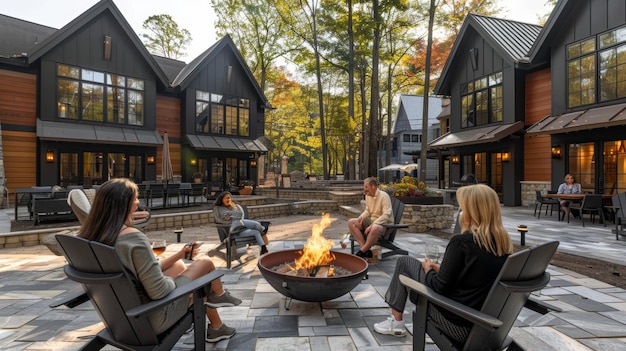 Cozy family gathering by the campfire in the courtyard with outdoor furniture and stone fire pit