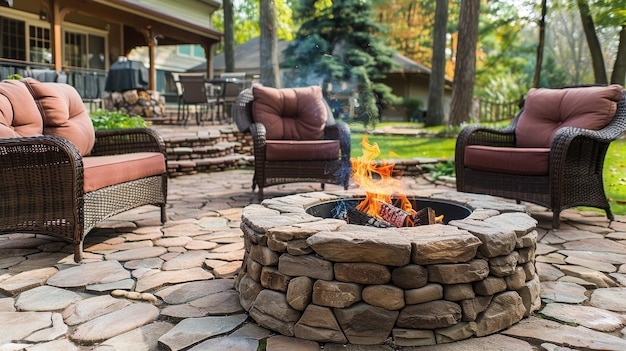 Cozy family gathering by the campfire in the courtyard with outdoor furniture and stone fire pit