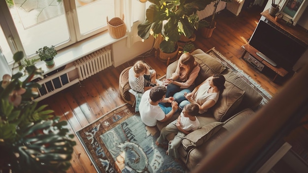 Photo cozy family gathering in living room bonding together