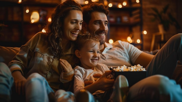 Photo cozy family movie night bonding on couch watching film