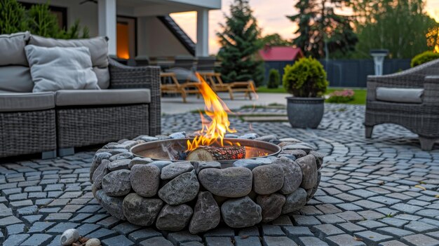 Photo cozy family picnic in courtyard with stone fire pit and outdoor furniture for relaxation