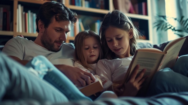 Photo cozy family reading time together at home