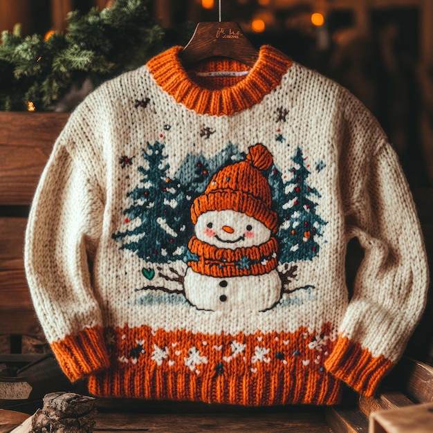 A cozy festive sweater featuring a cheerful snowman and winter scenery